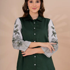 Elegant Dark Green Co-Ord Set With Printed Sleeves