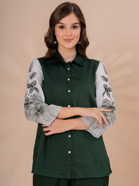 Elegant Dark Green Co-Ord Set With Printed Sleeves