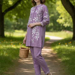 Designer Purple Kurta & Pant Set with White Threadwork