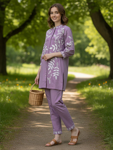Designer Purple Kurta & Pant Set with White Threadwork