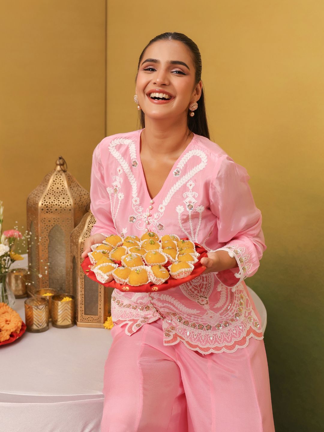 Pink Crepe Embroidered Top with Shantoon Palazzo Set