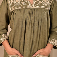 Elegant Olive Green Cotton Embroidered Kurta Set