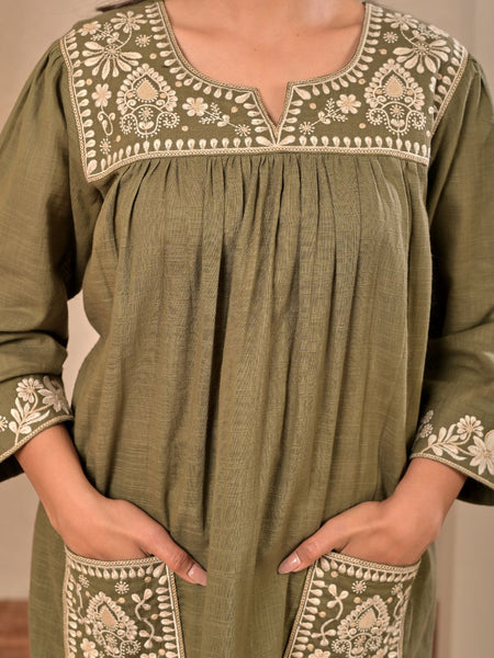 Elegant Olive Green Cotton Embroidered Kurta Set