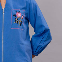 Blue Cotton Embroidered Co-Ord Set with Zip Top