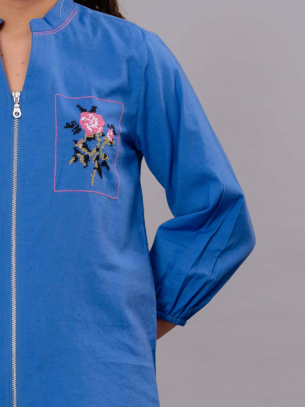 Blue Cotton Embroidered Co-Ord Set with Zip Top