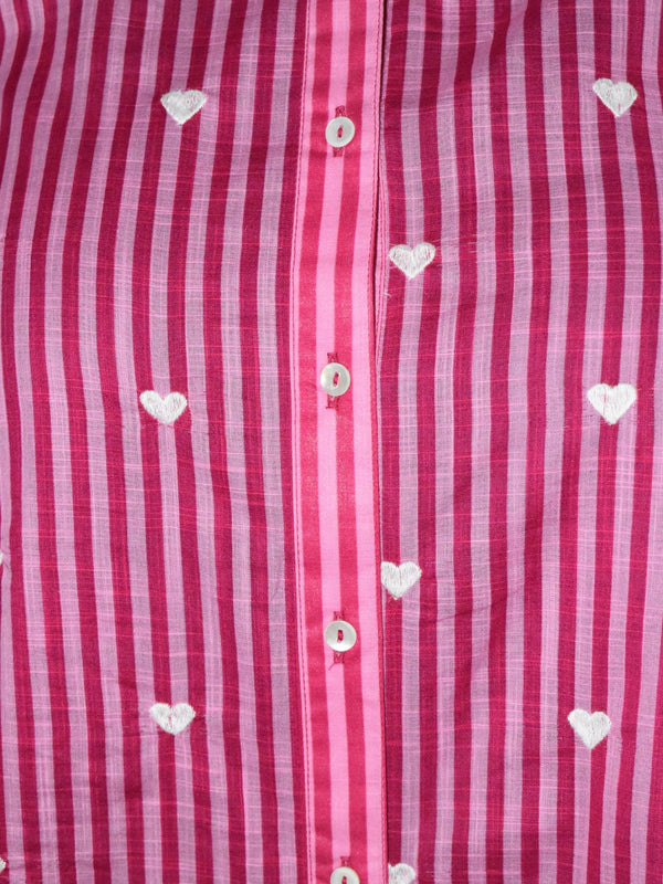 Trendy Pink Striped Heart Print Relaxed Shirt