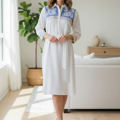 White Embroidered Tencel Midi Dress with Collar Neck