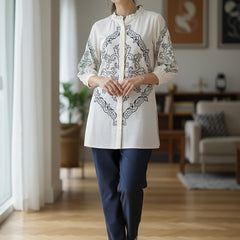 Chic Off-White & Blue Embroidered Rayon Co-ord Set