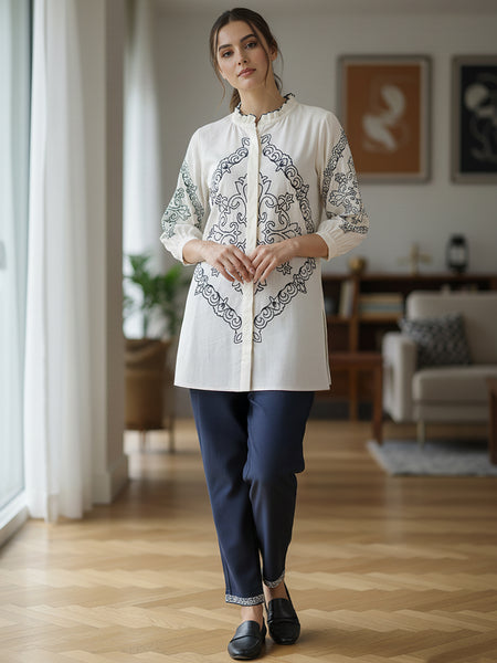 Chic Off-White & Blue Embroidered Rayon Co-ord Set