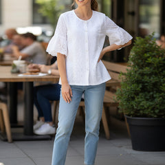 Women’s White Cotton Embroidered Shirt with Round Neck