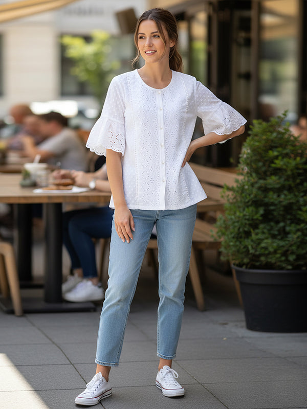 Women’s White Cotton Embroidered Shirt with Round Neck