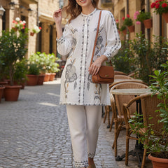 White Cotton Full Sleeves Embroidered Co-ord Set