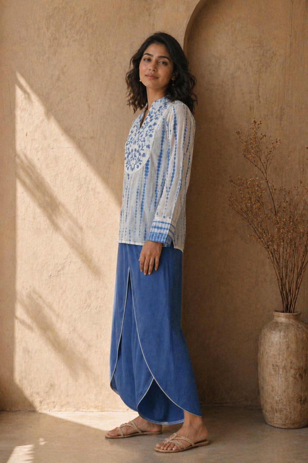 Elegant Blue Embroidered Kurta with Contemporary Draped Palazzo