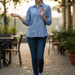Sky Blue Handcrafted Embroidered Cotton Shirt with Statement Sleeves