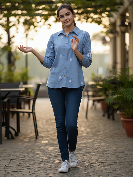 Sky Blue Handcrafted Embroidered Cotton Shirt with Statement Sleeves