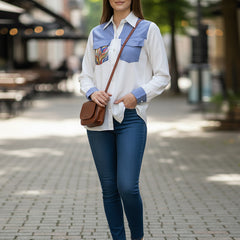 White & Blue Embroidered Tencel Crop Shirt with Collar Neck