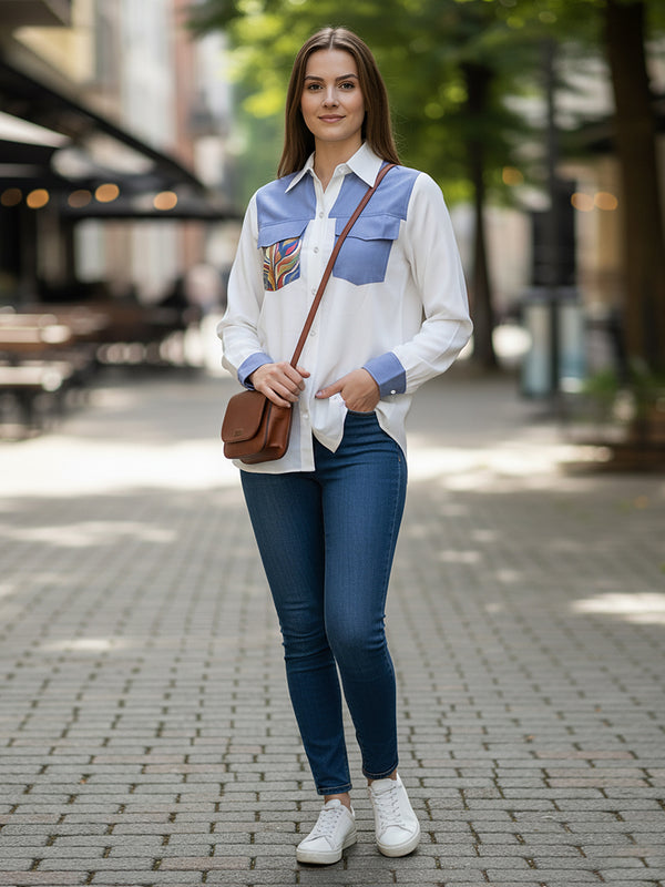 White & Blue Embroidered Tencel Crop Shirt with Collar Neck