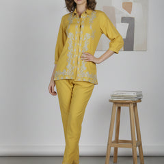Mustard Meadow White Floral Embroidered Cotton Co-ord Set