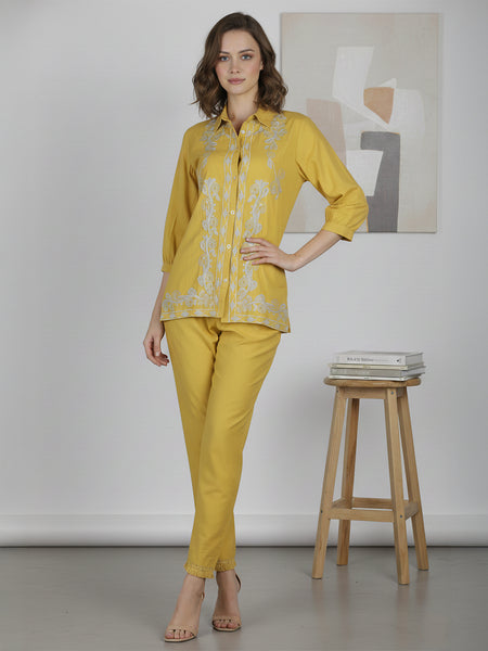 Mustard Meadow White Floral Embroidered Cotton Co-ord Set