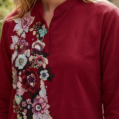 Ethnic Maroon Embroidered Kurta & Trousers Set for Women