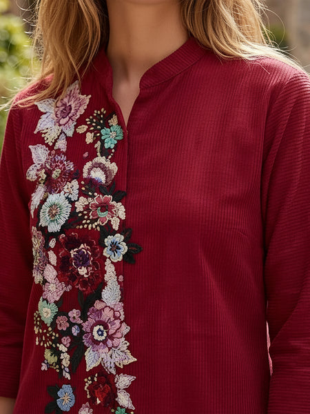 Ethnic Maroon Embroidered Kurta & Trousers Set for Women