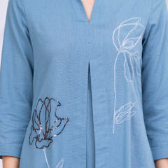 Elegant Embroidered A-Line Midi Dress with Shirt Collar & 3/4 Sleeves