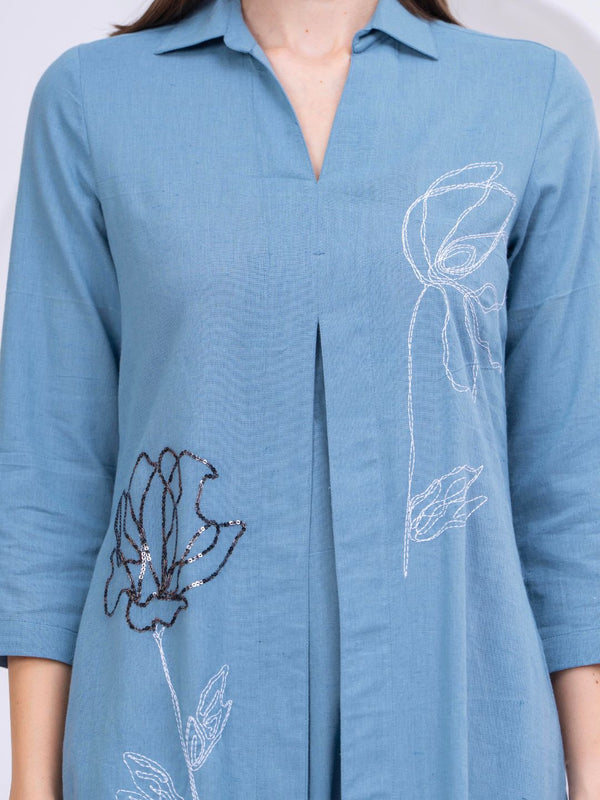 Elegant Embroidered A-Line Midi Dress with Shirt Collar & 3/4 Sleeves