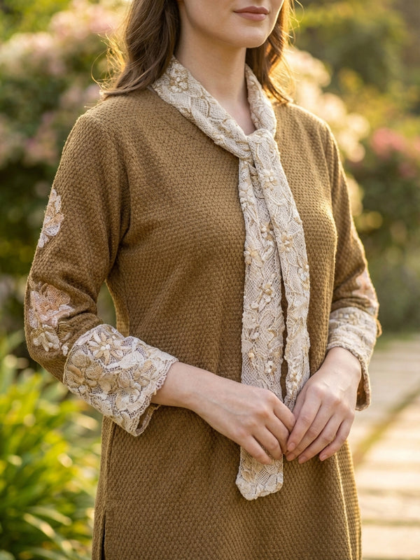 Classic Brown Woolen Embroidered Co-ord Set with Muffler