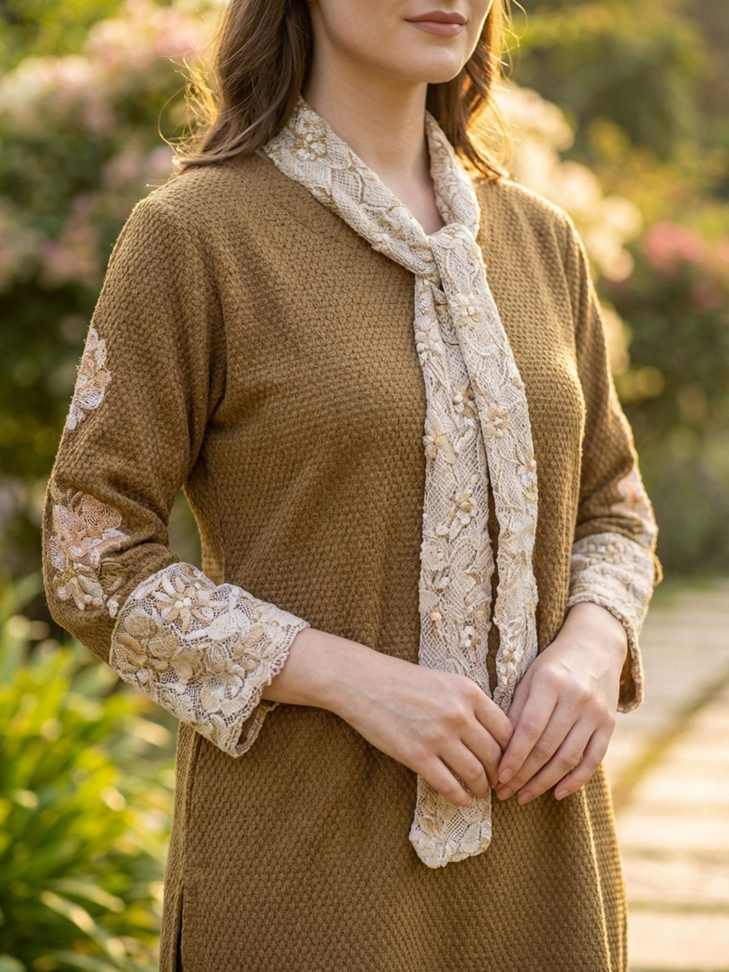 Classic Brown Woolen Embroidered Co-ord Set with Muffler