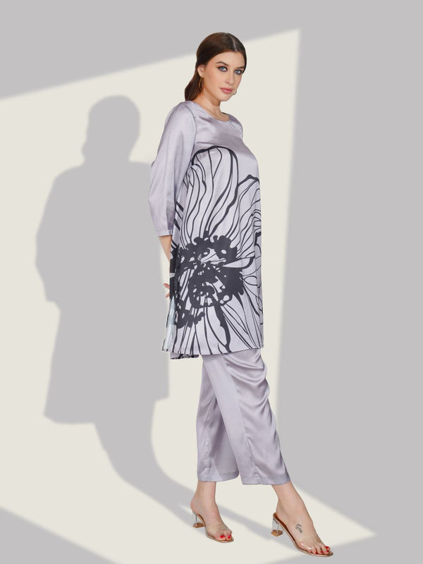 Printed Satin Grey Co-ord Set