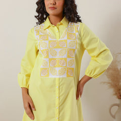 Sunshine Yellow Cotton Embroidered Shirt Dress