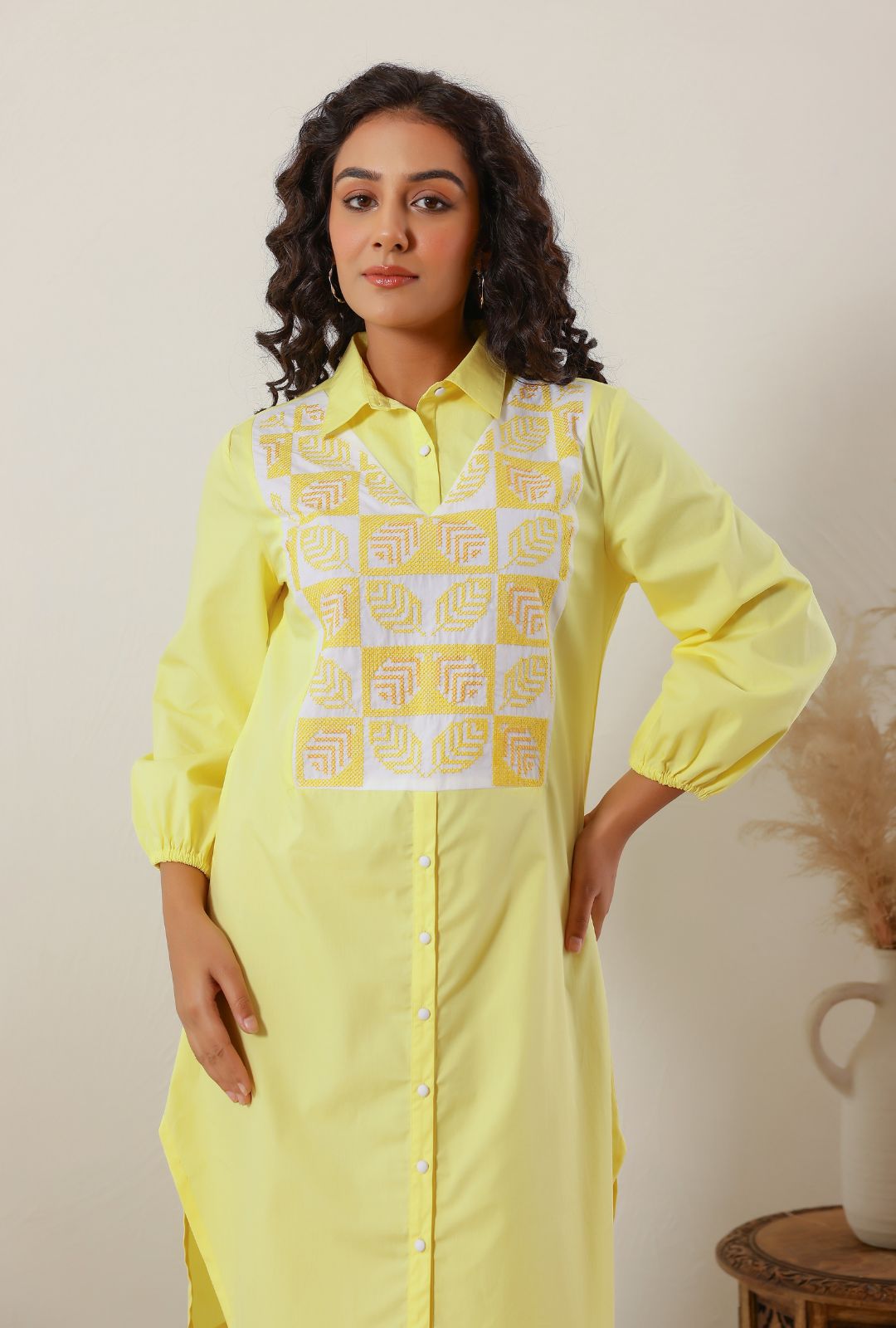 Sunshine Yellow Cotton Embroidered Shirt Dress