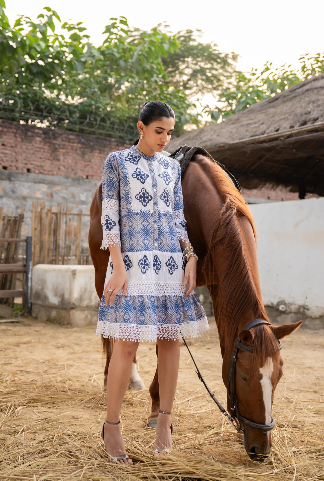 Blue Cotton Embroidered Mini Dress