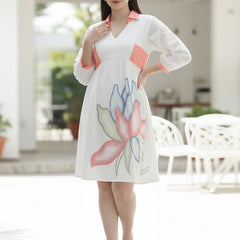 Printed Cotton Cambric Mini Dress with Soft Pink Detailing