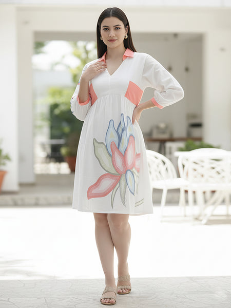 Printed Cotton Cambric Mini Dress with Soft Pink Detailing