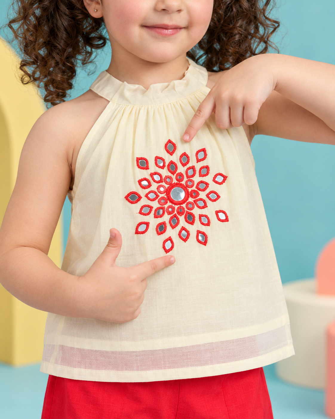 Girls' Cream Embroidered Halter Neck Top with Red Cotton Palazzo Set