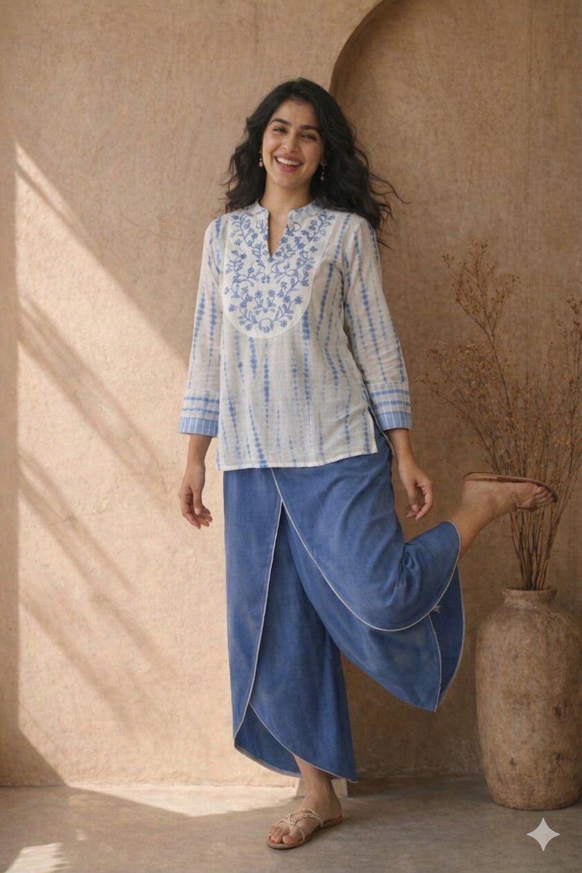 Elegant Blue Embroidered Kurta with Contemporary Draped Palazzo