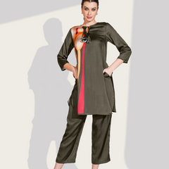 Smoky Grace Printed Satin Grey Co-ord Set