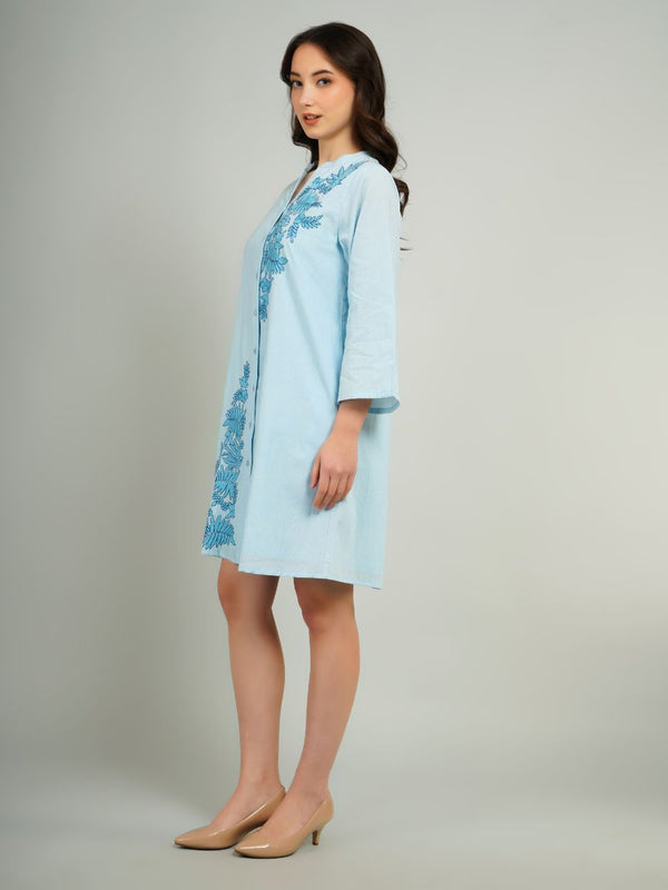 Light Blue Embroidered Cotton Shirt Dress