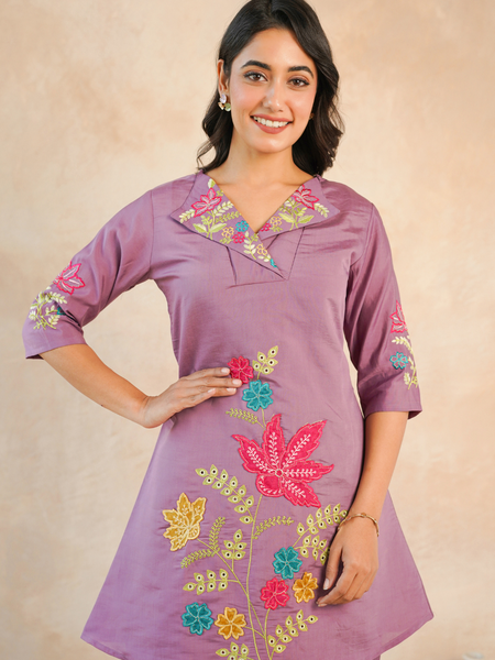 Lavender Floral Embroidered Kurta and Straight Pant Co-ord Set