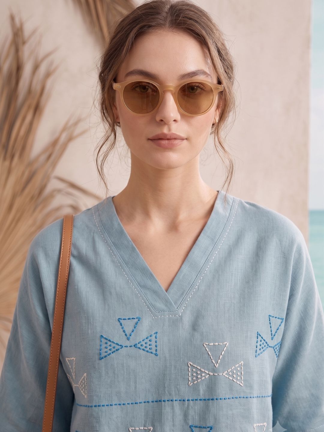 Blue Geometric Embroidered V-Neck Half Sleeve Top with Mid-Rise Shorts Co-Ord Set