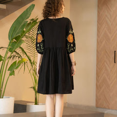 Black Cotton Embroidered Midi Dress with V-Neck & Elbow Sleeves