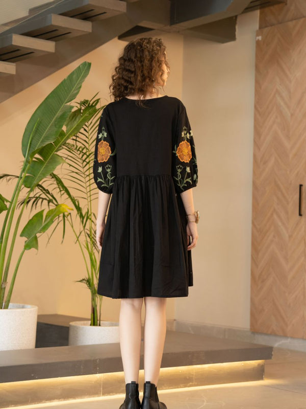 Black Cotton Embroidered Midi Dress with V-Neck & Elbow Sleeves