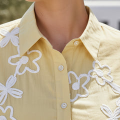 Yellow Cotton Embroidered Waist-Length Shirt with Collar Neck