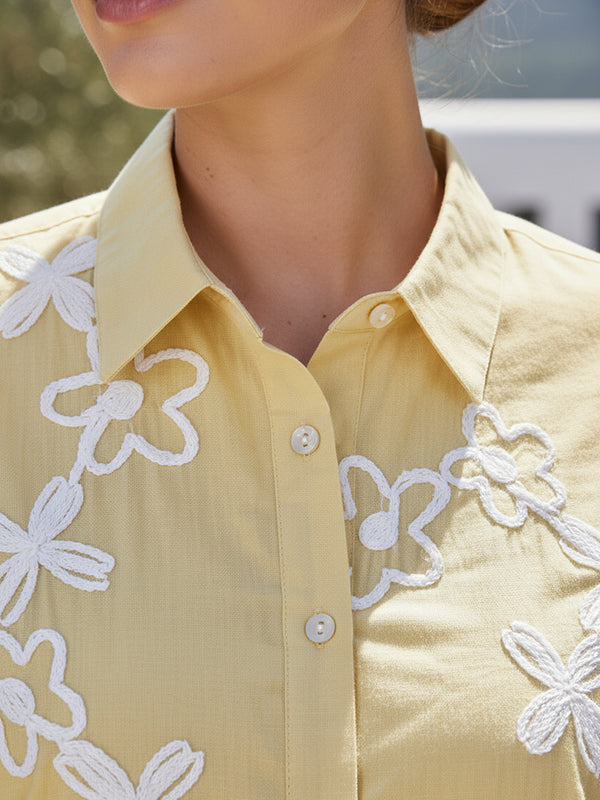 Yellow Cotton Embroidered Waist-Length Shirt with Collar Neck
