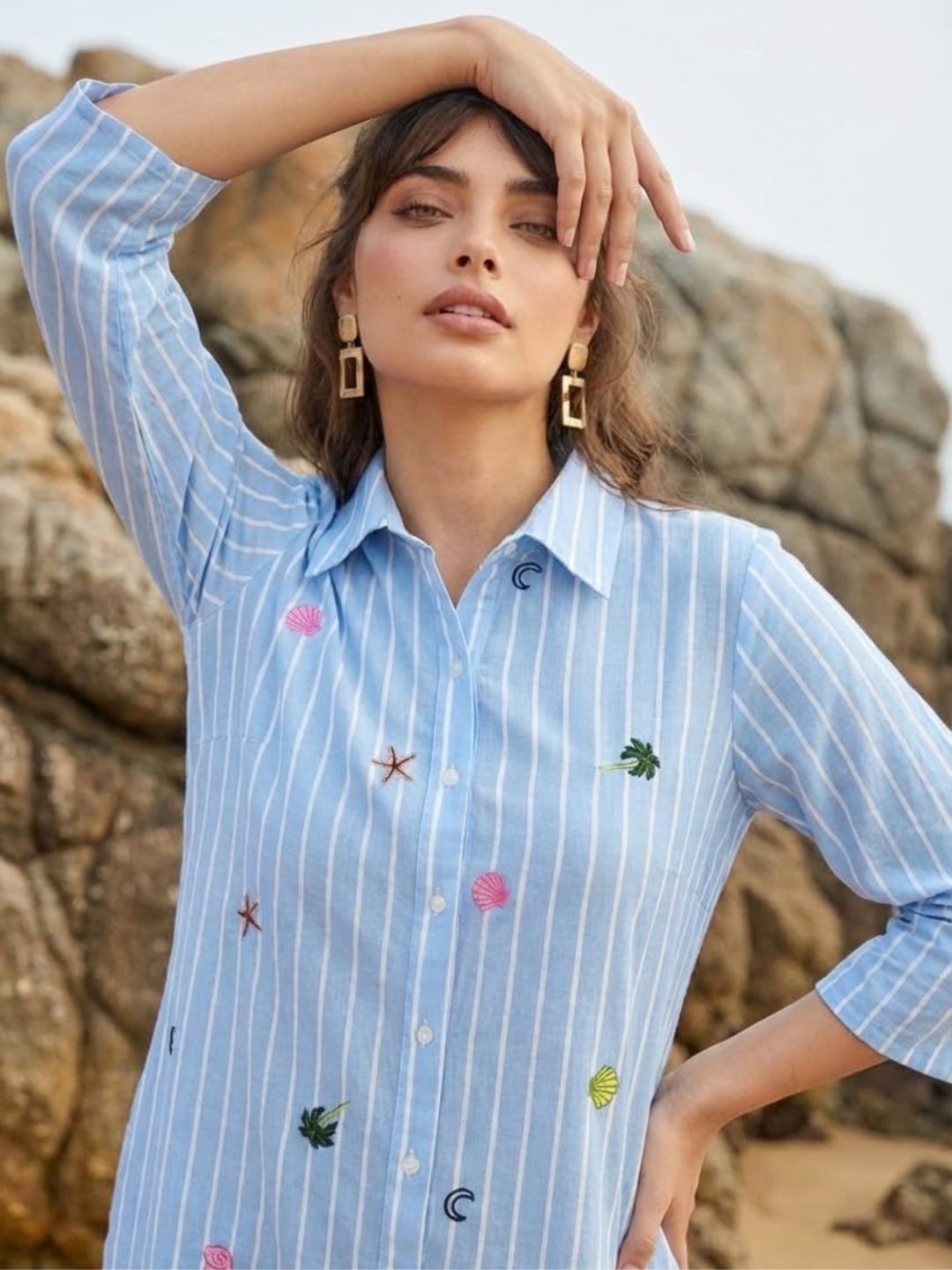 Elegant Sky Blue Embroidered Stripe Shirt Dress for Women