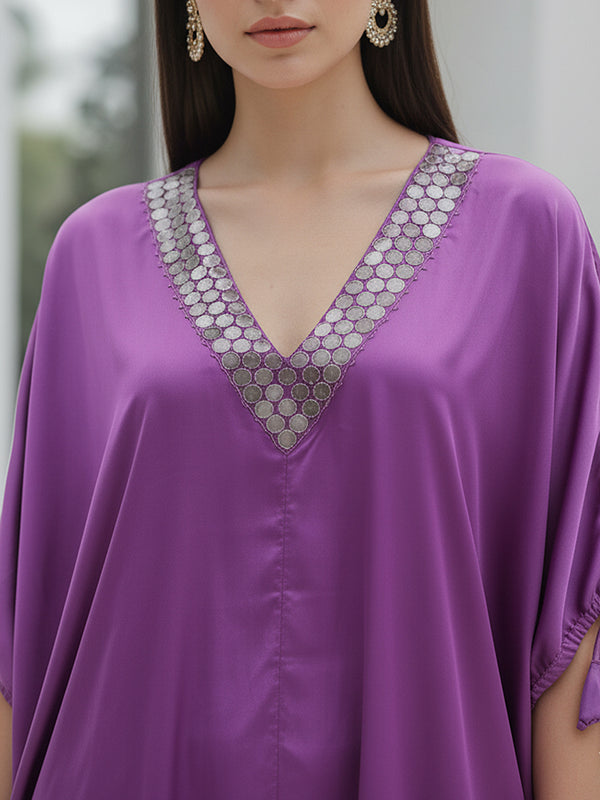 Stylish Satin V-neck Purple Co-ord Set