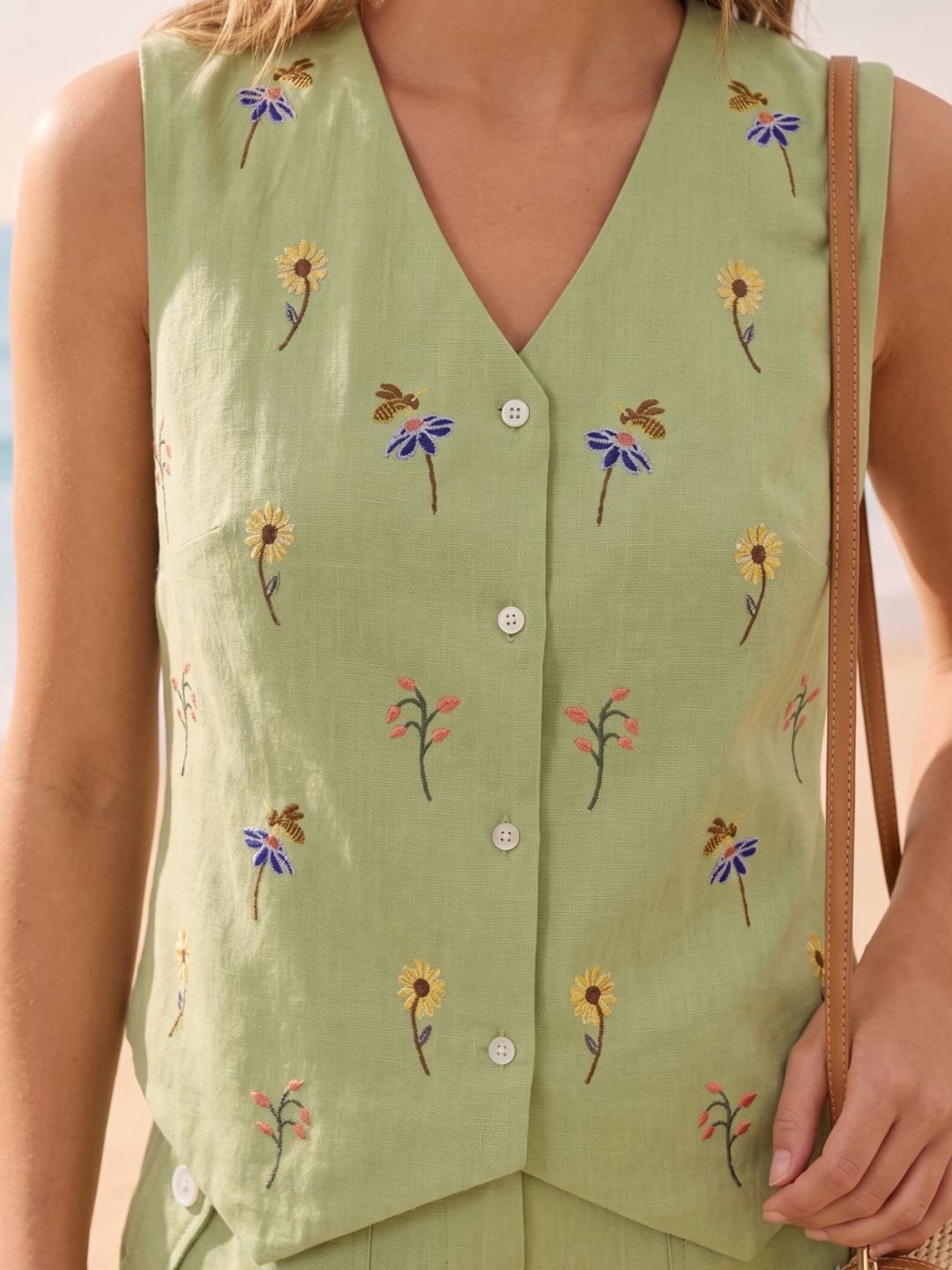 Pastel Green Floral Embroidered Sleeveless Waistcoat & Shorts Co-Ord Set