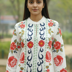 White Pink Embroidered Full Sleeves Long Jacket