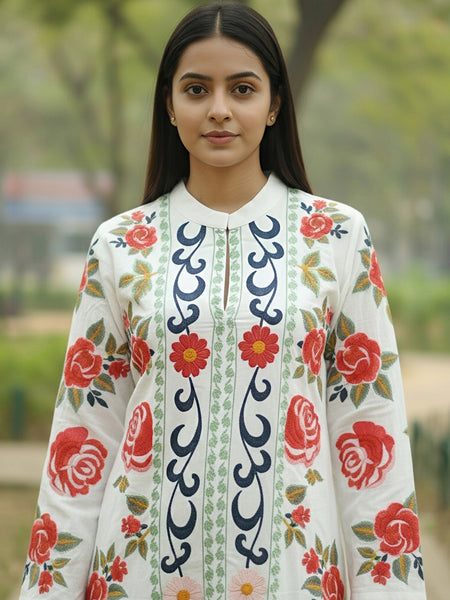 White Pink Embroidered Full Sleeves Long Jacket